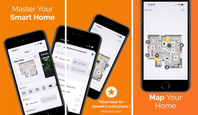 Desde iPhoneIslam.com, cuatro teléfonos inteligentes muestran diferentes interfaces de aplicaciones de automatización del hogar, incluido el plano de planta, los detalles del dispositivo y el mapa de la casa. El fondo naranja presenta el texto "Domina tu hogar inteligente" y "Mapa tu hogar". Imagine administrar sus dispositivos tan fácilmente como usar Windows en un iPhone.