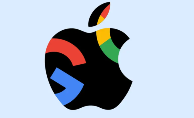 Na stronie iPhoneIslam.com logo Apple wypełnione kolorowymi częściami logo Apple Google wyróżnia się na jasnoniebieskim tle.