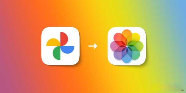 من iPhoneIslam.com، أيقونات Google Photos وApple Photos جنبًا إلى جنب، مع سهم يشير من صور Google إلى Apple Photos، على خلفية متدرجة.