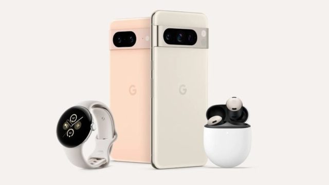 Da iPhoneIslam.com, due smartphone, uno smartwatch e auricolari wireless vengono visualizzati nella custodia di ricarica su uno sfondo bianco. Gli smartphone e gli auricolari presentano un design semplice con il logo di Google. Questi dispositivi saranno disponibili a partire dalla settimana del 28 giugno.