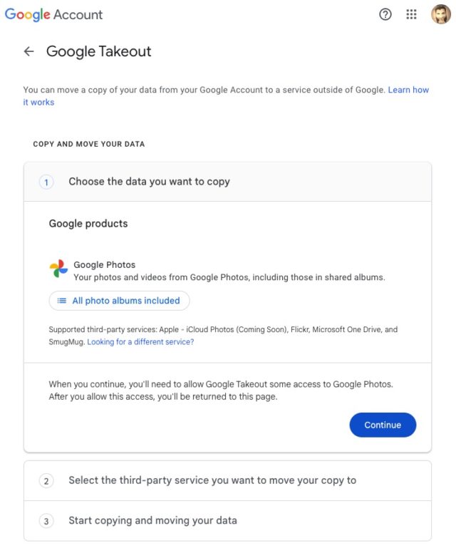 Da iPhoneIslam.com, uno screenshot dell'interfaccia di Google Takeout che mostra i passaggi per copiare Google Foto su un altro servizio. Include opzioni per scegliere quali dati copiare, scegliere un servizio di terze parti e iniziare a copiare i dati. Perfetto per trasferire foto tra Apple e Google senza problemi.