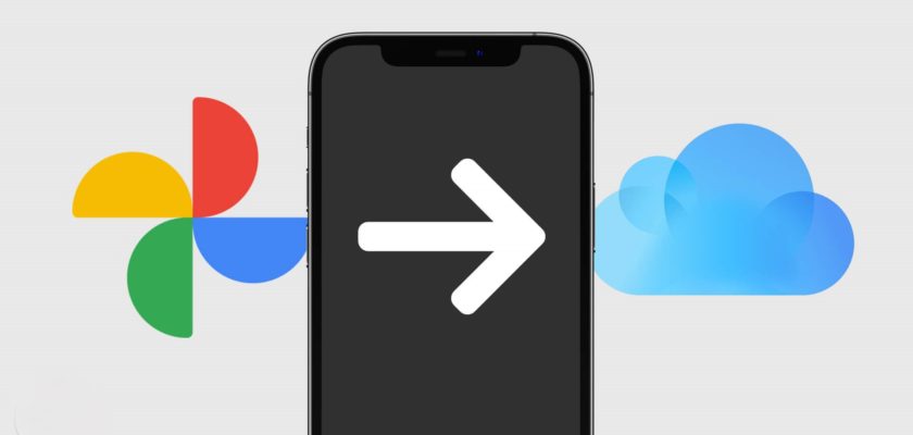 Da iPhoneIslam.com, uno smartphone con una freccia rivolta verso destra sullo schermo tra il logo di Google Foto a sinistra e il logo di iCloud Foto a destra, per indicare il trasferimento di foto.