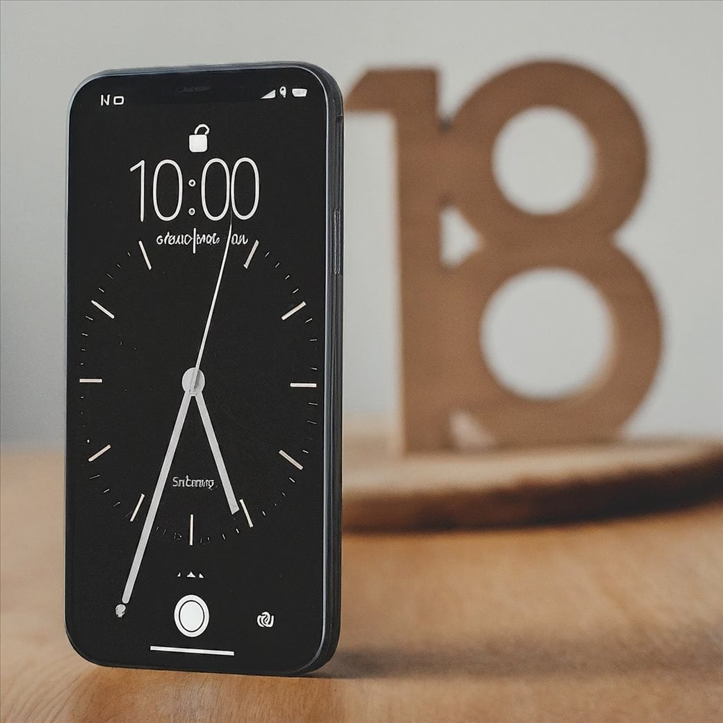 من iPhoneIslam.com، لقطة مقرّبة لهاتف ذكي مع شاشة عرض الساعة التناظرية، تظهر الساعة 10:00. وتتميز الخلفية برقم خشبي غير واضح "18" وسطح خشبي، مما يشير إلى التصميم الأنيق لنظام iOS 18.