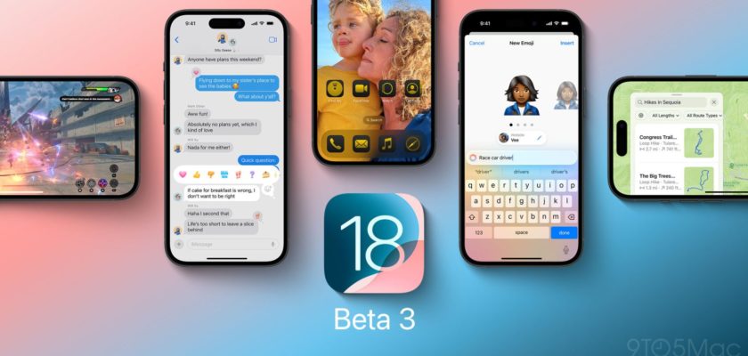 من iPhoneIslam.com، مجموعة مكونة من خمس شاشات iPhone تعرض تطبيقات وميزات متنوعة من iOS 18 Beta 3، بما في ذلك تطبيقات المراسلة والكاميرا والخرائط، مع شعار iOS 18 Update في المنتصف.