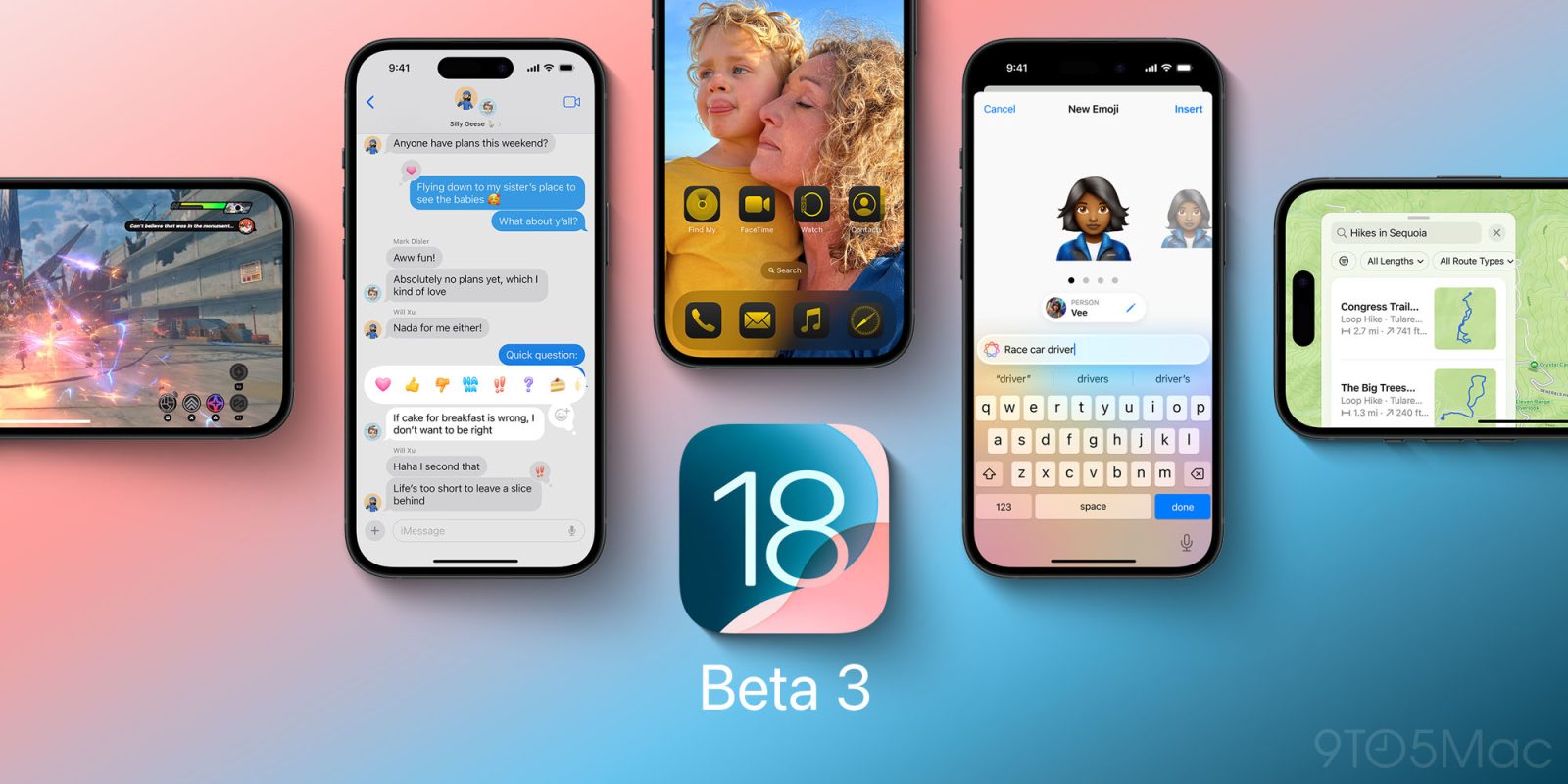 من iPhoneIslam.com، مجموعة مكونة من خمس شاشات iPhone تعرض تطبيقات وميزات متنوعة من iOS 18 Beta 3، بما في ذلك تطبيقات المراسلة والكاميرا والخرائط، مع شعار iOS 18 Update في المنتصف.