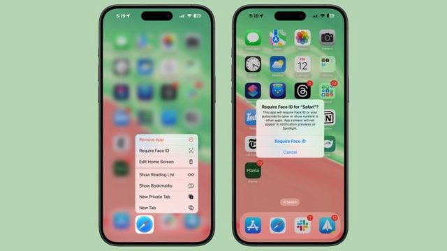 iPhoneIslam.com سے، دو اسمارٹ فونز نئی iOS خصوصیات دکھاتے ہیں۔ بائیں طرف ایک سیاق و سباق کا مینو دکھاتا ہے جس میں سفاری براؤزر ایپلیکیشن کے اختیارات شامل ہیں۔ دائیں طرف سفاری میں ریڈنگ لسٹ تک رسائی کے لیے فیس آئی ڈی کا مطالبہ کرنے والا ایک اشارہ دکھاتا ہے، جس میں iOS 18 کے بہتر حفاظتی اقدامات شامل ہیں۔