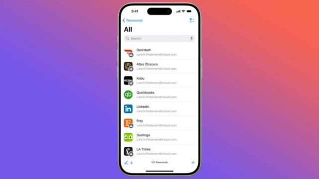 From iPhoneIslam.com, a smartphone screen showing a password manager app with a list of saved passwords for various services, including DoorDash, QuickBooks, LinkedIn, Etsy, and Duolingo. It is now compatible with iOS 18 and can be accessed through the Safari browser.