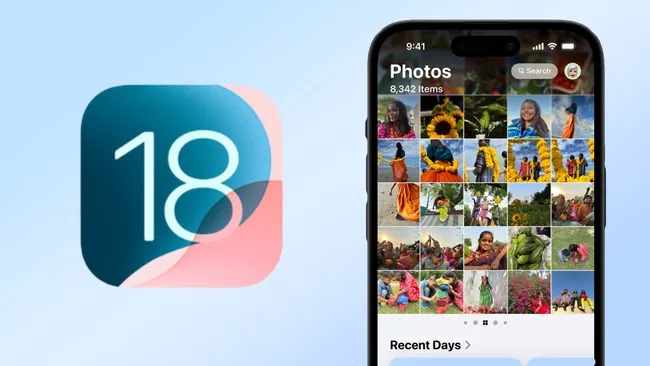 Da iPhoneIslam.com, lo schermo mostra l'app Foto di iOS 18 con una griglia di foto. L'icona dell'app è a sinistra e contiene il numero 18 in bianco su sfondo blu e rosa. Questo aggiornamento introduce funzionalità come il recupero delle foto sudanesi, migliorando la tua esperienza di gestione delle foto.