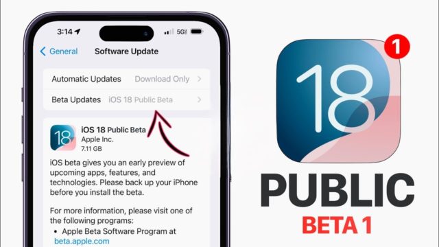 من iPhoneIslam.com، تعرض شاشة الهاتف الذكي تفاصيل التحديث التجريبي للإصدار iOS 18. بجانبه يوجد شعار iOS 18 Public Beta 1 مع النص "PUBLIC BETA 1.