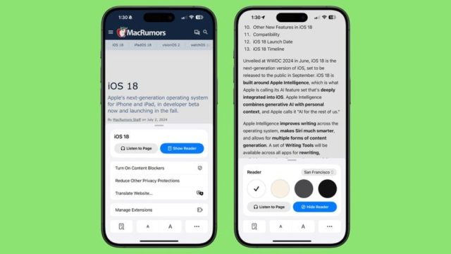 من iPhoneIslam.com، هاتفان ذكيان يعرضان موقعًا إلكترونيًا يناقش ميزات iOS 18. تعرض كلتا الشاشتين خيارات النص والقائمة على خلفية خضراء، مع إبراز العناصر الجديدة لآخر تحديث. يعرض أحد الهواتف واجهة متصفح سفاري، مما يجعل التنقل سلسًا وبديهيًا.