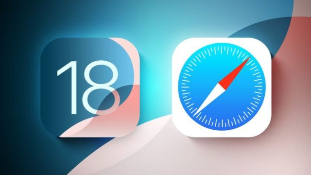 С iPhoneIslam.com: значок iOS 18 слева и значок Safari справа, расположенные на абстрактном фоне синего и розового цветов.