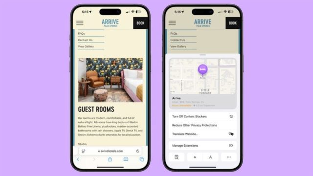 De iPhoneIslam.com, dos teléfonos inteligentes que muestran un sitio web de reservas de hotel y una aplicación de mapas. La pantalla izquierda muestra los detalles de las habitaciones de Arrive Hotels, mientras que la pantalla derecha, con iOS 18, muestra un mapa con una opción para administrar las extensiones del navegador en Safari.