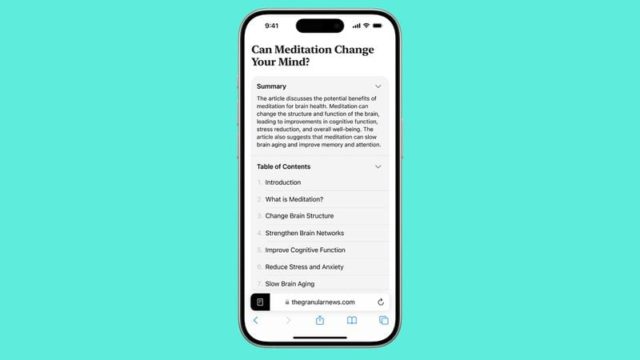 From iPhoneIslam.com, iOS 18 smartphone screen displays an article titled “Can Meditation Change Your Mind?” With sections on the benefits of meditation, brain structure, and cognitive functions within the Safari browser.