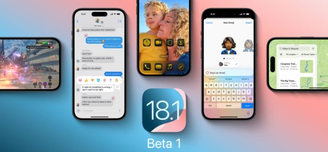 iPhoneIslam.com より、iOS 18.1 Beta 1 のプロモーション画像。メッセージ、マップ、中央に Apple Intelligence ロゴのあるゲーム インターフェースなど、複数の iPhone 上のさまざまなアプリのスクリーンショットが表示されています。