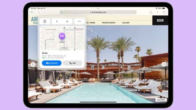 Desde iPhoneIslam.com, la tableta iOS 18 muestra una página web con un mapa e indicaciones a la izquierda y una imagen del área de la piscina del hotel con tumbonas y palmeras a la derecha, todo visto a través del nuevo navegador Safari.