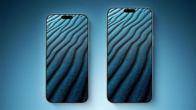 Da iPhoneIslam.com, due smartphone con uno sfondo blu ondulato vengono visualizzati fianco a fianco su una superficie sfumata di blu, suggerendo le nuove uscite giusto in tempo per la settimana del 28 giugno. Il telefono a sinistra è leggermente più grande del telefono a destra.