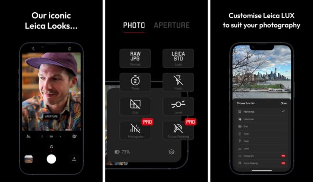 From iPhoneIslam.com, the phone's three side-by-side screens display a photography app with Leica filters. The screens show: a man wearing a hat, image options such as RAW JPG and LEICA, and editing tools to enhance the image of cityscapes. Discover iPhone Islam for more useful apps and options to elevate your photography experience.