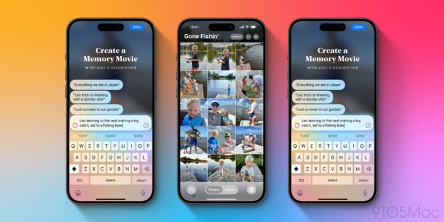 iPhoneIslam.com から、3 台のスマートフォンに「Gone Fishin'!」というタイトルのフォト アルバム インターフェイスが表示されます。グラデーションの背景に思い出のムービーを作成するためのテキスト入力フィールドは、エレガントなデザインと、簡単かつ迅速な操作を可能にする Apple インテリジェンスを示しています。