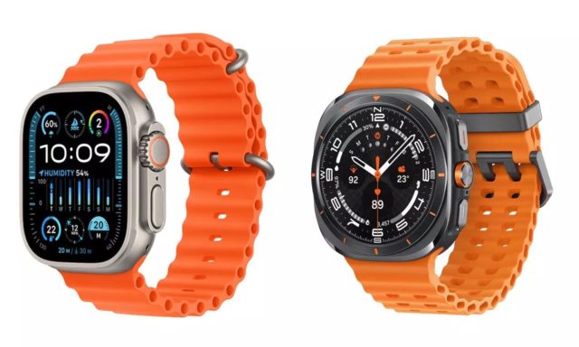 From iPhoneIslam.com, two smart watches with bright orange bands; One displays different health metrics, and the other displays a traditional circular watch face with numbers. Both feature large, sturdy displays and side buttons. Whether you prefer Samsung or Apple, these watches offer style and functionality without any restrictions.