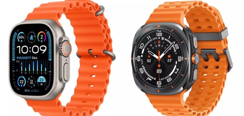 From iPhoneIslam.com, two smart watches with bright orange bands; One displays different health metrics, and the other displays a traditional circular watch face with numbers. Both feature large, sturdy displays and side buttons. Whether you prefer Samsung or Apple, these watches offer style and functionality without any restrictions.