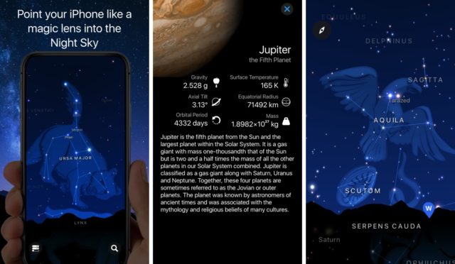 From iPhoneIslam.com, three screenshots show an astronomy app on the phone. The first instructs users to point their iPhones toward the sky. The second displays data about Jupiter. The third shows constellations including Sagitta and Aquila, seamlessly blending Windows on iPhone functionality into the experience.