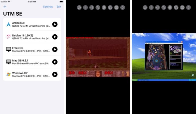 من iPhoneIslam.com، لقطة شاشة لتطبيق UTM SE تعرض أجهزة افتراضية مختلفة على اللوحة اليسرى، مع لقطتي شاشة: إحداهما تعرض Doom في Linux VM والأخرى تعرض 3D Pinball على Windows XP VM. تتضمن هذه التطبيقات غرضها مقتطفًا من آي فون إسلام لتجربة ألعاب متعددة.