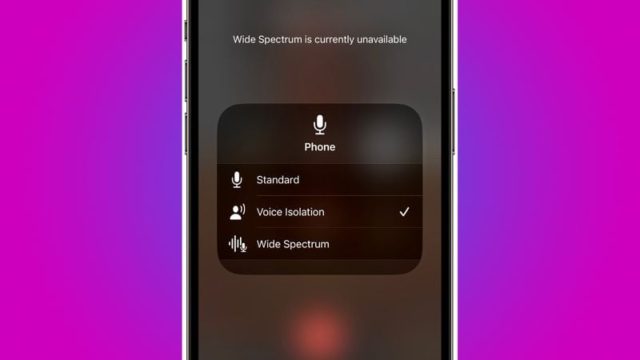  قياسي، وعزل الصوت (محدد)، والطيف الواسع. تظهر الرسالة "Wide Spectrum غير متوفر حاليًا" في الجزء العلوي من الشاشة. تتوفر هذه الخيارات مع سماعات AirPods في iOS 18.