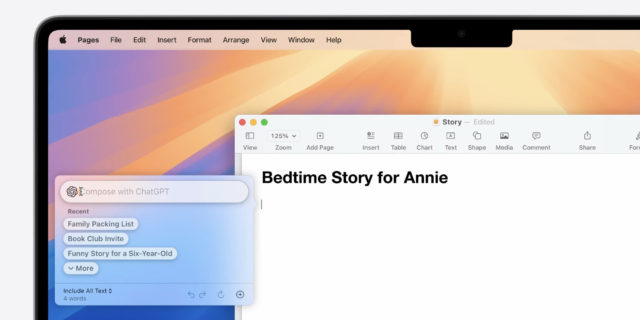 From iPhoneIslam.com, a computer screen showing a text editing window titled "Bedtime Story for Annie," along with another window displaying writing prompts generated by Apple Intelligence on iOS 18.