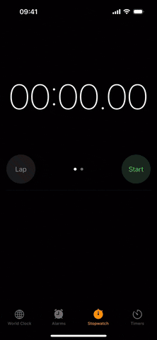 From iPhoneIslam.com, a stopwatch animation in the Watch app that starts running when you press the green Start button. The time starts at 00:00:00 and counts forward, reflecting one of the new goals in the iOS 18 update.