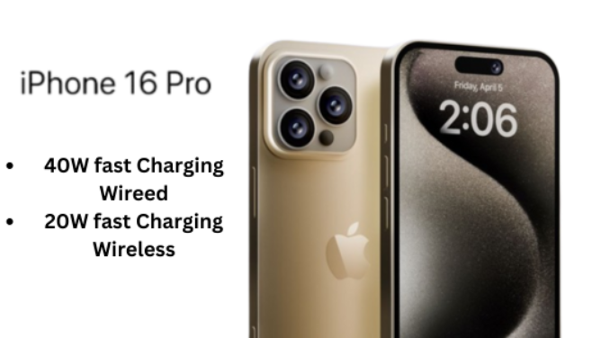 From iPhoneIslam.com, an image of the iPhone 16 Pro showing its design, 40W fast wired charging capabilities, and 20W fast wireless charging capabilities. The time on the screen shows 2:06, April 5, Friday. Get to know it now after customizing the distinctive iPhone 16.