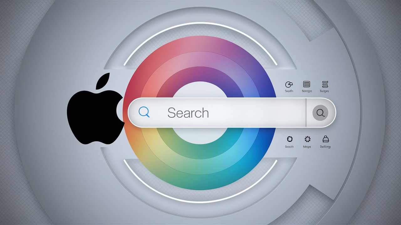 من iPhoneIslam.com، محرك بحث Apple مع خلفية دائرية بألوان قوس قزح وأيقونات تطبيقات، بما في ذلك الإعدادات والبحث والخرائط. يوجد شعار Apple على الجانب الأيسر.