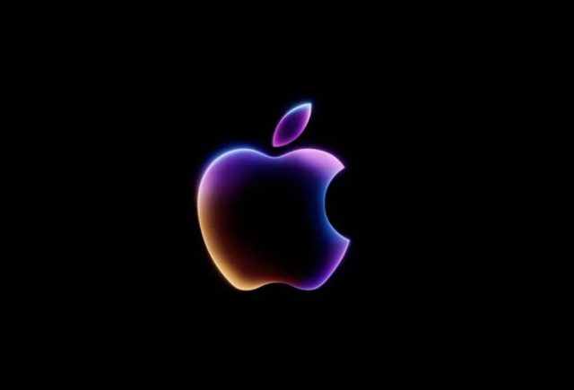 Von iPhoneIslam.com, ein beleuchtetes Apple-Logo in den Farben Lila, Rosa und Gelb auf schwarzem Hintergrund zur Feier der Veröffentlichung des iPhone 16.