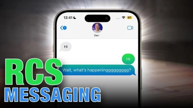 Vanaf iPhoneIslam.com wordt op het smartphonescherm een ​​gesprek weergegeven met uitgewisselde berichten in de vorm van ‘Hallo’ en ‘Wacht, wat gebeurt er?’ Blauw. De zinsnede “RCS Messaging” verschijnt prominent in de afbeelding, verwijzend naar spannende nieuwe functies die binnenkort beschikbaar zullen zijn in de Berichten-app.