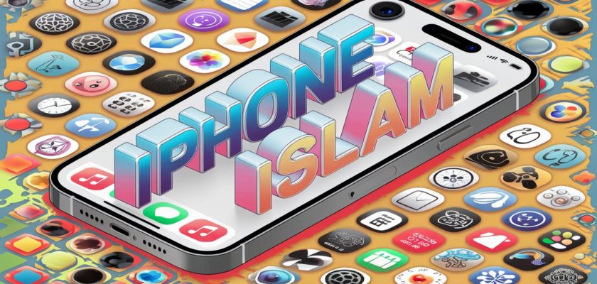 من iPhoneIslam.com، يتم عرض الهاتف الذكي الذي يظهر على شاشته النص "آي فون إسلام" فوق خلفية ملونة لمختلف التطبيقات المفيدة.