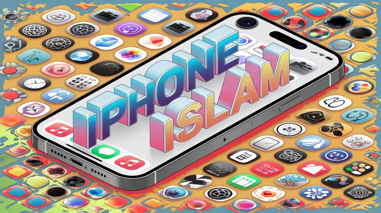 من iPhoneIslam.com، يتم عرض الهاتف الذكي الذي يظهر على شاشته النص "آي فون إسلام" فوق خلفية ملونة لمختلف التطبيقات المفيدة.