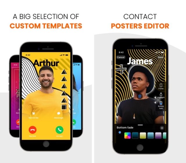 From iPhoneIslam.com, two smartphone screens displaying customization options. Left: Example of a custom template containing a photo of a man and the name "Arthur." Right: The label editor interface displays an image of a man named "James." Explore these picks on iPhone Islam apps for useful information.