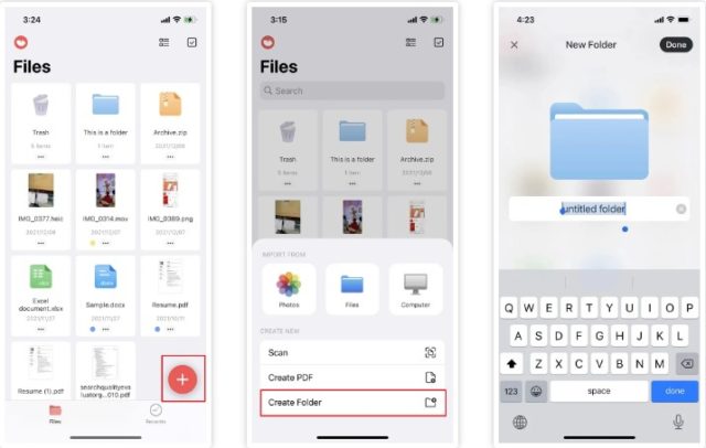 من iPhoneIslam.com، تُظهر ثلاث شاشات للهواتف الذكية عملية إنشاء مجلد جديد في تطبيق الملفات: تحديد ملفات PDF، واختيار "إنشاء مجلد" من القائمة، وتسمية المجلد الجديد عبر إدخال لوحة المفاتيح على الآي-فون.
