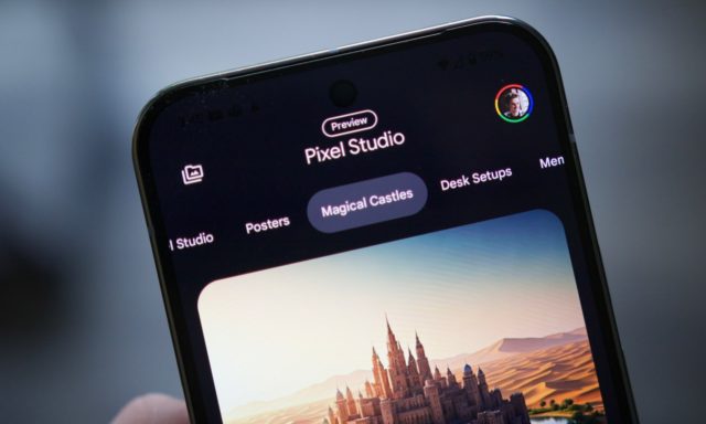 من iPhoneIslam.com، لقطة مقربة لشاشة هاتف ذكي تعرض واجهة تطبيق Pixel Studio، مع عرض علامات تبويب "الاستوديو" و"الملصقات" و"القلاع السحرية" و"إعدادات المكتب" و"القائمة". تظهر صورة قلعة أسفل علامة تبويب "القلاع السحرية"، معززة بأدوات تحرير الصور المدمجة مع أدوات جوجل.