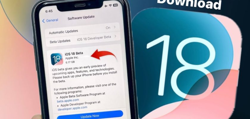 من iPhoneIslam.com، تعرض شاشة الهاتف الذكي صفحة تنزيل iOS 18 Beta مع أزرار الخيارات. وبجانبه، يظهر رسم iOS 18 مع النص "تنزيل تحديث iOS 18".