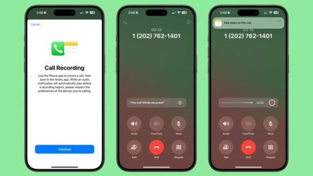 Van iPhoneIslam.com Drie iPhone-schermen met nieuwe functies in de Telefoon-app, waarin het proces van het opnemen van een gesprek wordt beschreven met behulp van zowel de Telefoon- als de Notities-app, inclusief stappen om gespreksopname in te schakelen en het tonen van de lopende opname tijdens een telefoongesprek, als onderdeel van de iOS 18-update.