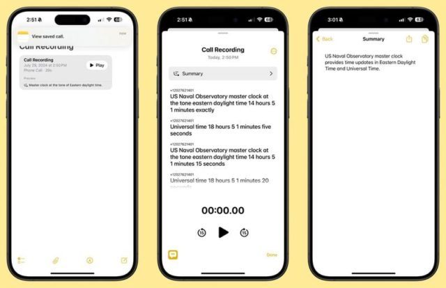 Auf iPhoneIslam.com wird auf drei Smartphone-Bildschirmen die Benutzeroberfläche der Anrufaufzeichnungs-App angezeigt. Auf dem ersten Bildschirm wird ein aufgezeichneter Anruf angezeigt, auf dem zweiten Anrufdetails und auf dem dritten Bildschirm werden Zeitaktualisierungen vom US Naval Observatory angezeigt – perfekt, um neue Funktionen in der Telefon-App nach dem iOS 18-Update vorzustellen.