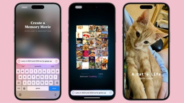 From iPhoneIslam.com, three smartphones show off the feature to create movies of memories using photos in the Photos app, and the screens show a sample project titled “A Cat’s Life” with photo and text editing options, showing what’s new in the iOS 18 update.