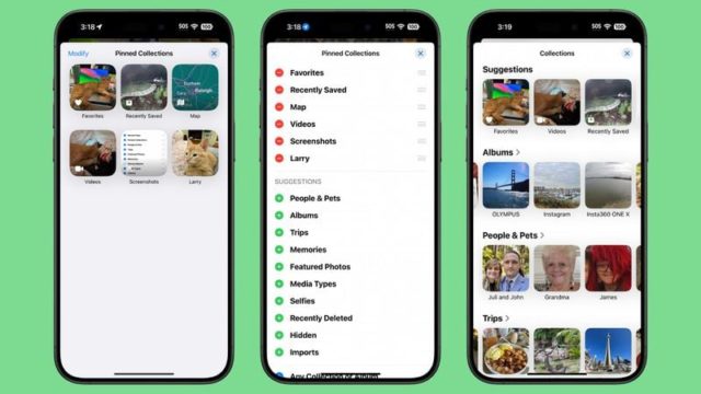 From iPhoneIslam.com, the three smartphone screens display the photo organizing app with different tabs: Pinned Collections, Collections, and Suggestions. Photo albums and different categories appear on a green background. Discover the enhanced features of the Photos app in iOS 18 with detailed organization options.