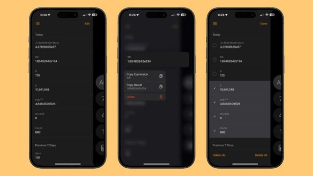 Від iPhoneIslam.com, три смартфони, які демонструють програму Calculator з обчисленнями та функціями в темному інтерфейсі. Екрани відображають різні статуси: список історії, опцію копіювання або видалення та кілька облікових записів, демонструючи новий елегантний дизайн iOS 18.