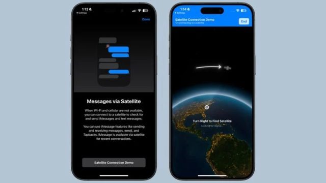 No iPhoneIslam.com, dois smartphones exibem duas telas diferentes: uma mostrando “Mensagens por satélite” e a outra mostrando “Exibição de chamada por satélite”. Com os novos recursos do iOS 18, os usuários recebem instruções passo a passo para virar à direita e encontrar um satélite para se conectar por meio do aplicativo Mensagens.