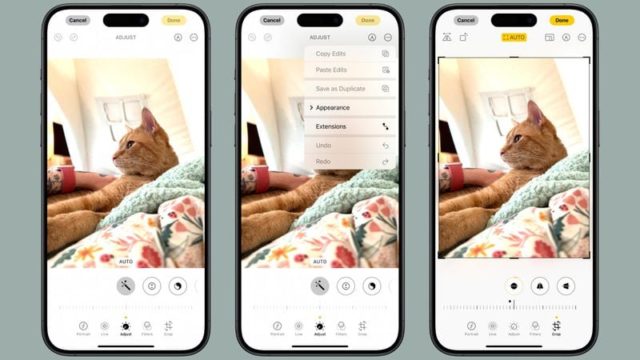 From iPhoneIslam.com, three smartphone screens displaying a photo editing interface with an image of an orange cat on a bed. The screens display photo editing options, sliders, and editing function menus in the Photos app for iOS 18 new update.