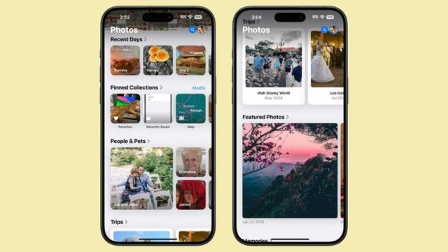 From iPhoneIslam.com, two smartphone screens show the Photos app on iOS 18, showing albums like Recent Days, Pinned Collections, People & Pets, and Trips. Various images and icons are shown in a grid format, highlighting the latest updates.