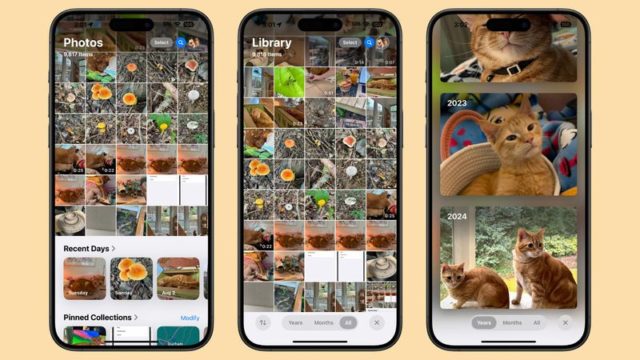 From iPhoneIslam.com, three smartphones display photo gallery screens featuring images of nature and animals, organized into different albums and collections with pinned sections and dates visible, and the Photos app shines with a new design, thanks to the iOS 18 update.