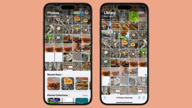 From iPhoneIslam.com, two smartphone screens display a photo gallery, with the screen on the left showing a Photos tab, while the screen on the right, augmented by the Photos app in iOS 18, shows a Library tab with 13 photos selected.