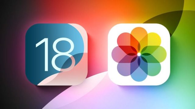 From iPhoneIslam.com, an illustration depicting iOS 18 icons and the Photos app. The iOS 18 icon features the number “18” on a stylized blue background, while the Photos app icon appears in a multi-colored flower-shaped design with fine details.